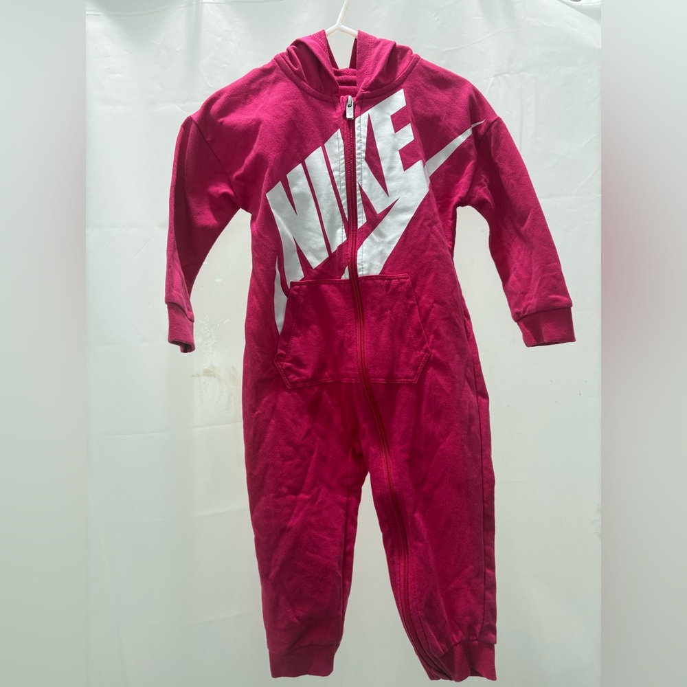 Nike Kids Hot Pink Full-Zip Hooded One-Piece with White Logo